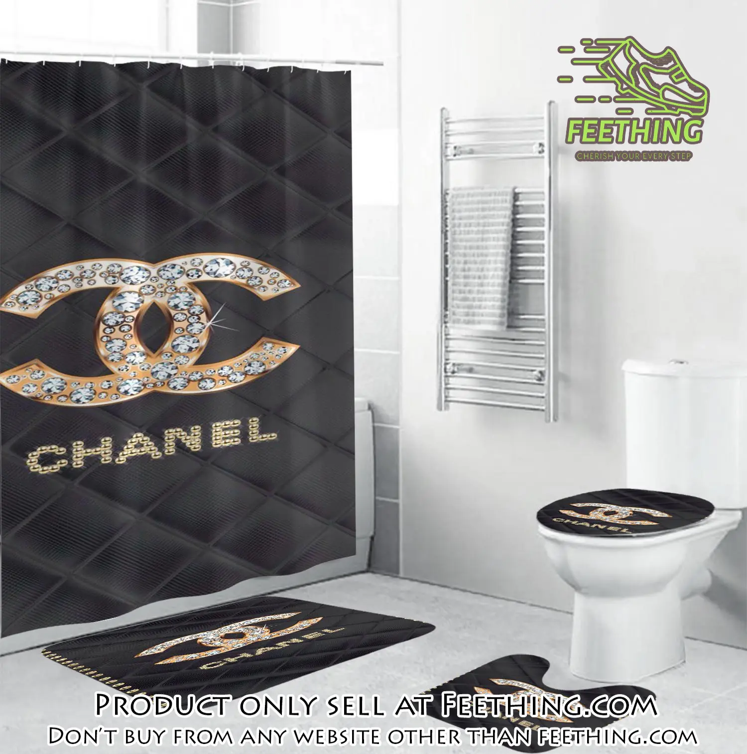 Coco chanel golden logo with full of diamonds in argyle background bathroom set shower curtain ft3257353